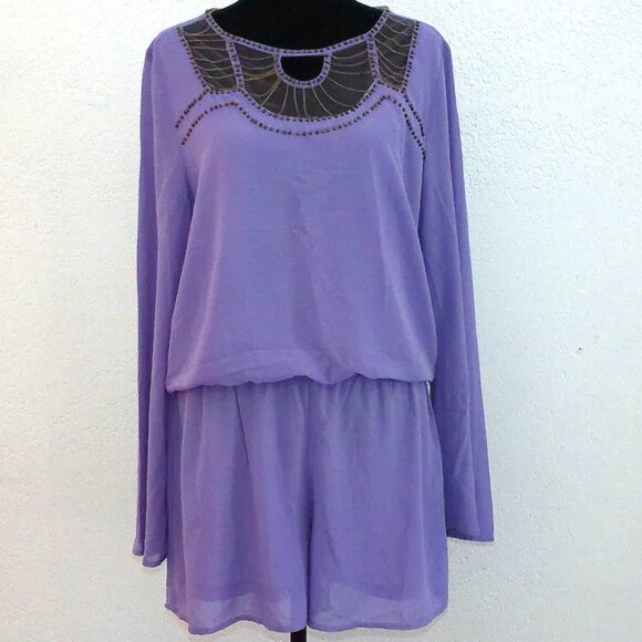 Iovposh, Purple long sleeve romper, with golden beads/fine chain details - Picture 2 of 16